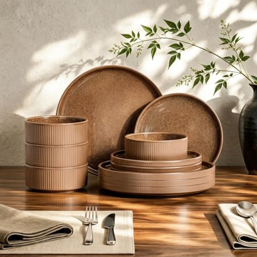 Kitchen Academy Brown Fluted Stoneware Dinnerware Sets for 4